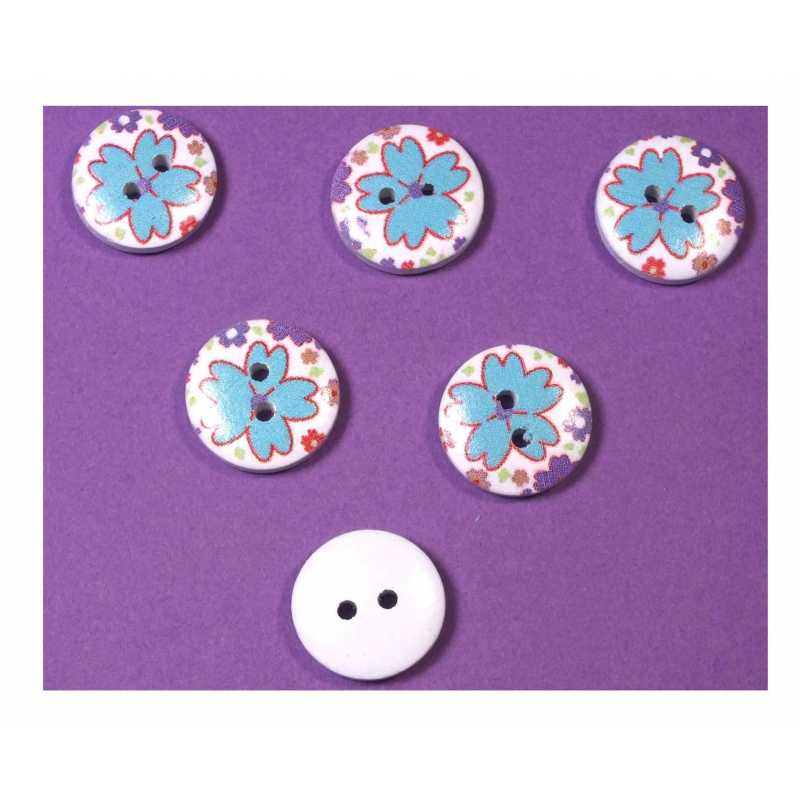 LOT 6 BOUTONS BOIS : rond motif fleur 15mm (113) 