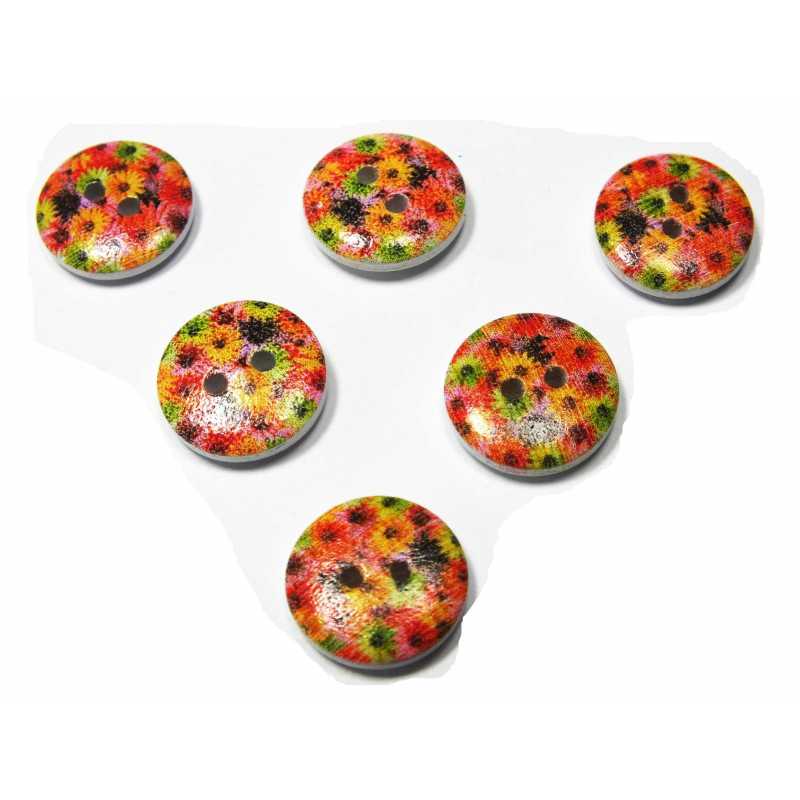 LOT 6 BOUTONS BOIS : rond motif fleur 15mm (114) 