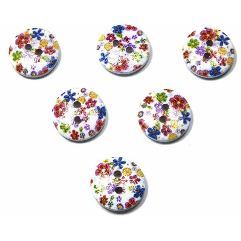 LOT 6 BOUTONS BOIS : rond motif fleur 15mm (117) 