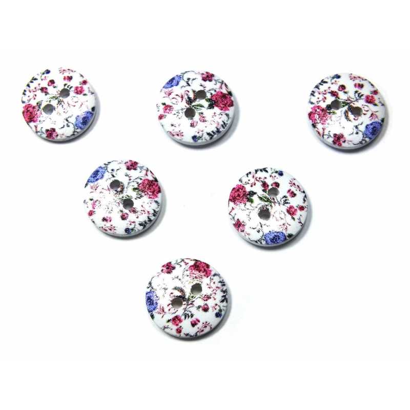 LOT 6 BOUTONS BOIS : rond motif fleur 15mm (121) 