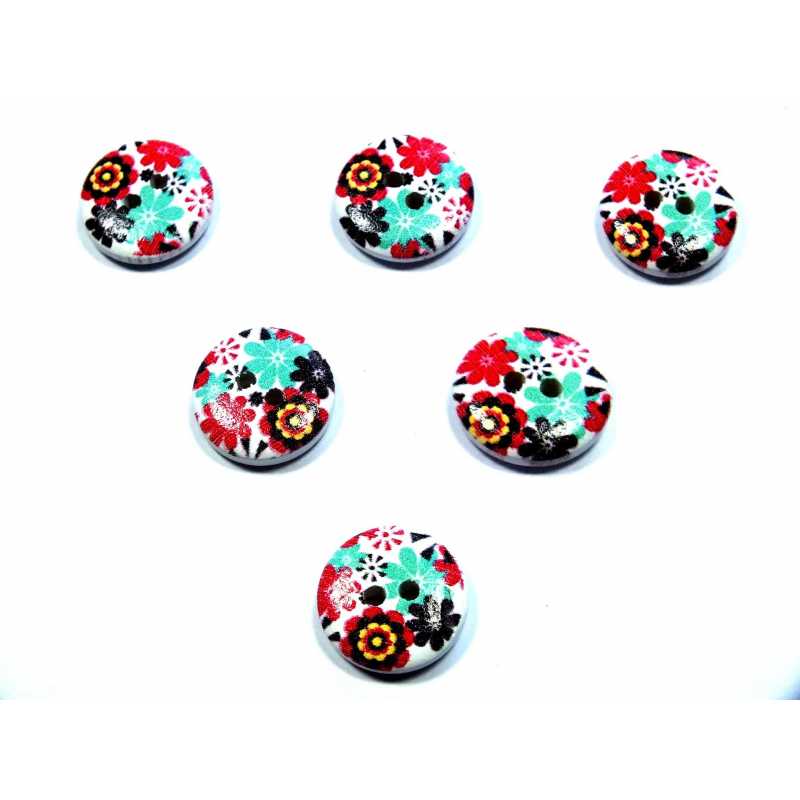 LOT 6 BOUTONS BOIS : rond motif fleur 15mm (123)
 
