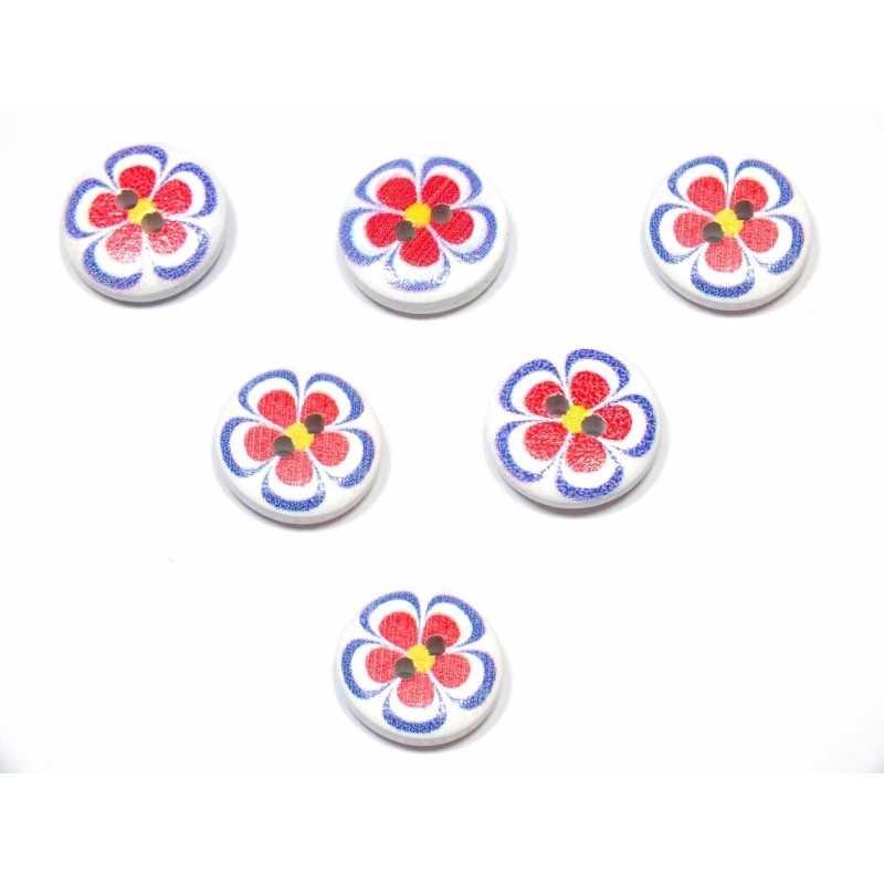 LOT 6 BOUTONS BOIS : rond motif fleur 15mm (142) 