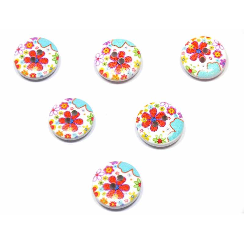 LOT 6 BOUTONS BOIS : rond motif fleur 15mm (143) 