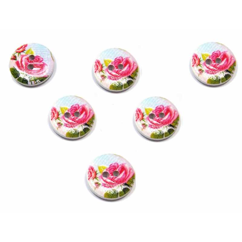 LOT 6 BOUTONS BOIS : rond motif fleur 15mm (149) 
