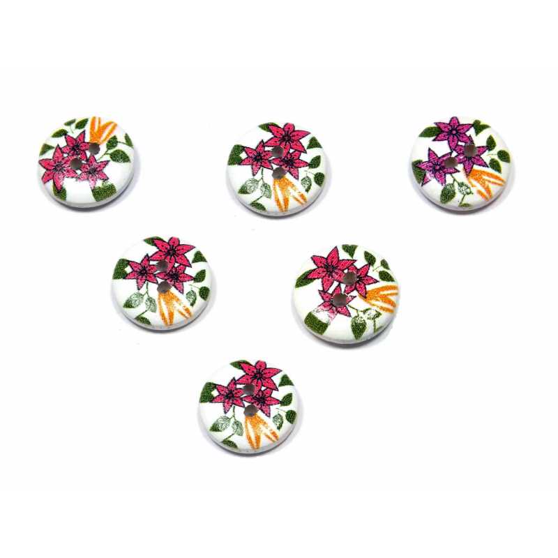 LOT 6 BOUTONS BOIS : rond motif fleur 15mm (152) 