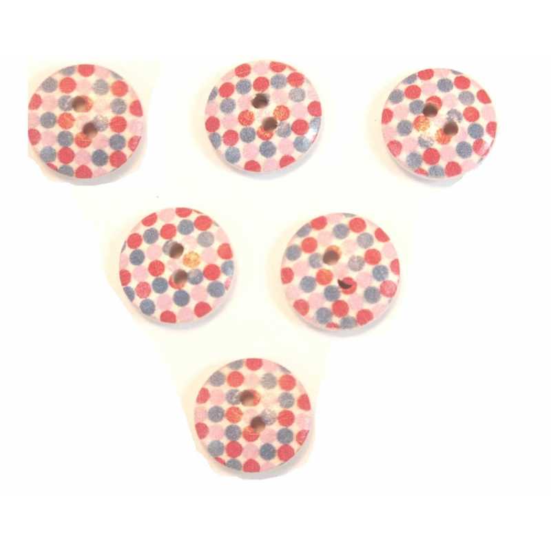 LOT 6 BOUTONS BOIS : rond motif fantaisie 15mm (06) 