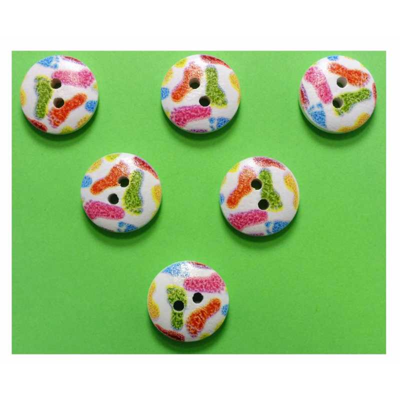 LOT 6 BOUTONS BOIS : rond motif fantaisie 15mm (16) 