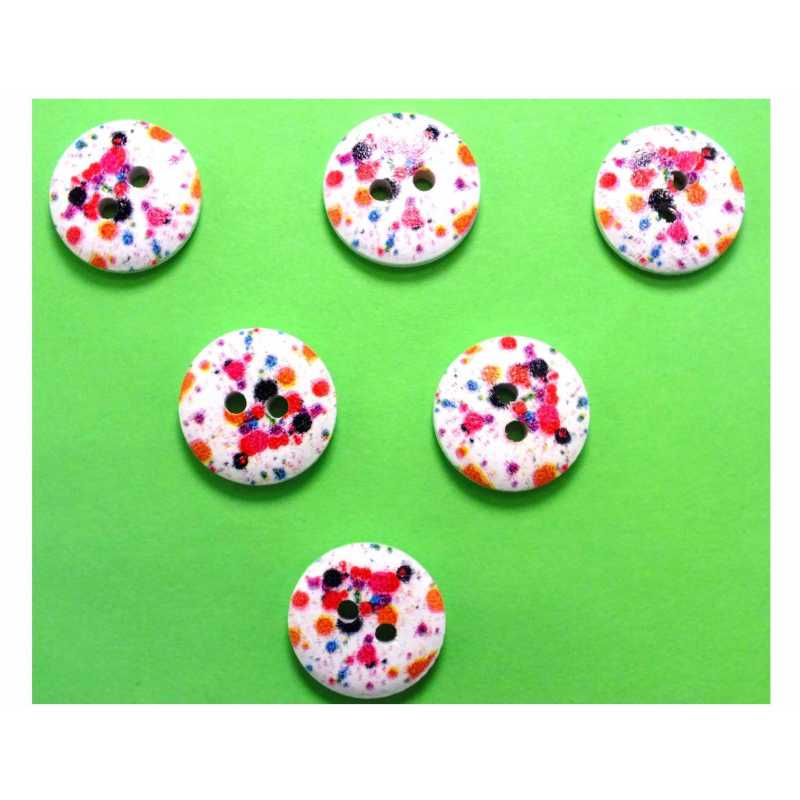 LOT 6 BOUTONS BOIS : rond motif fantaisie 15mm (21) 