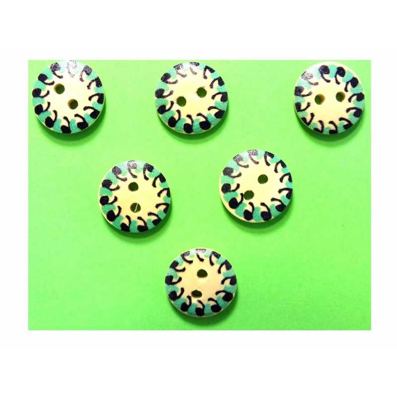 LOT 6 BOUTONS BOIS : rond motif fantaisie 15mm (23) 