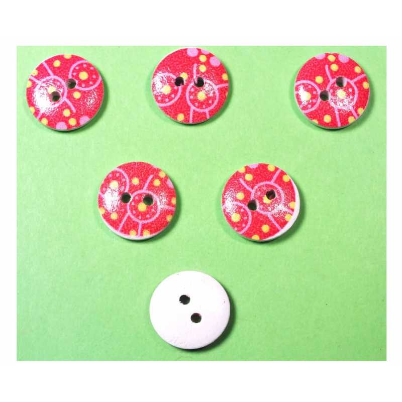 LOT 6 BOUTONS BOIS : rond motif fantaisie 15mm (26) 