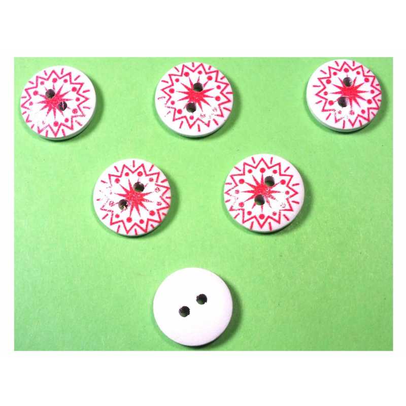 LOT 6 BOUTONS BOIS : rond motif fantaisie 15mm (28) 