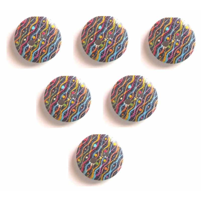 LOT 6 BOUTONS BOIS : rond motif fantaisie 15mm (30) 