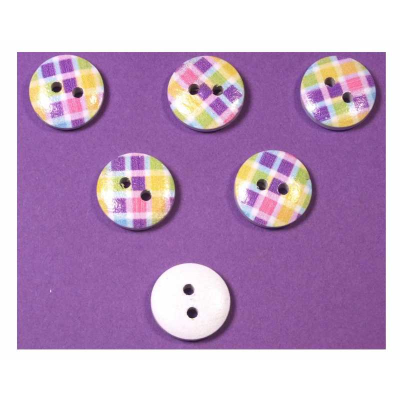 LOT 6 BOUTONS BOIS : rond motif fantaisie 15mm (33) 