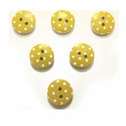 LOT 6 BOUTONS BOIS : rond jaune motif  pois 15mm (07) 