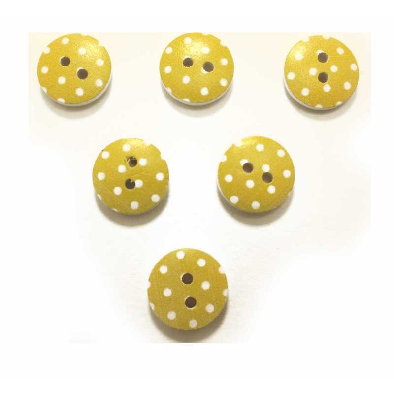 LOT 6 BOUTONS BOIS : rond jaune motif  pois 15mm (07) 