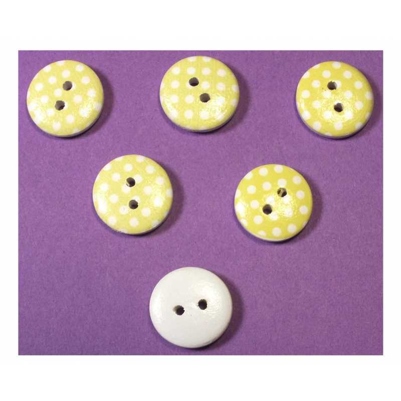 LOT 6 BOUTONS BOIS : rond jaune motif  pois 15mm (26) 