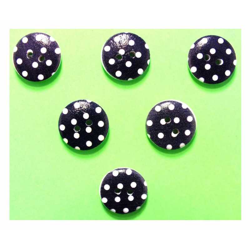 LOT 6 BOUTONS BOIS : rond noir/blanc motif  pois 15mm (02) 