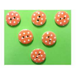 LOT 6 BOUTONS BOIS : rond orange/blanc motif  pois 15mm (03) 