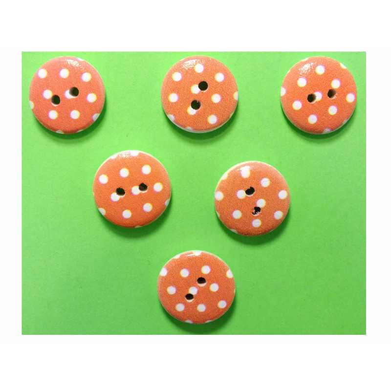 LOT 6 BOUTONS BOIS : rond orange/blanc motif  pois 15mm (03) 