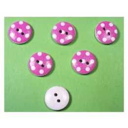 LOT 6 BOUTONS BOIS : rond rose fonçé/blanc motif  pois 15mm (16) 