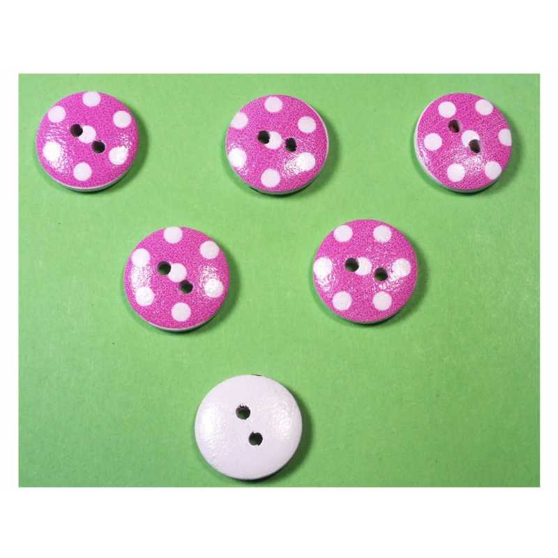 LOT 6 BOUTONS BOIS : rond rose fonçé/blanc motif  pois 15mm (16) 
