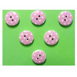 LOT 6 BOUTONS BOIS : rond rose/blanc motif  pois 15mm (05) 