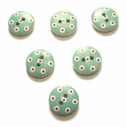 LOT 6 BOUTONS BOIS : rond vert/rouge/blanc motif  pois 15mm (10) 