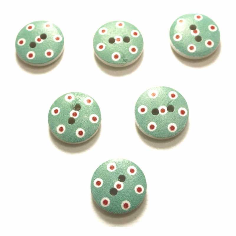 LOT 6 BOUTONS BOIS : rond vert/rouge/blanc motif  pois 15mm (10) 