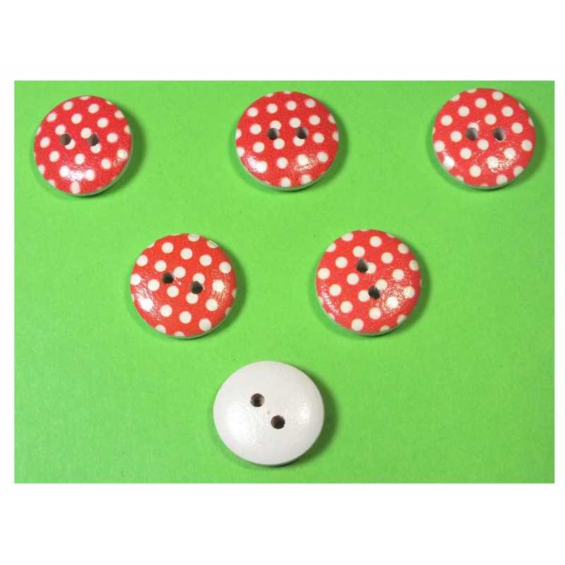 LOT 6 BOUTONS BOIS : rond rouge/blanc motif  pois 15mm (29) 