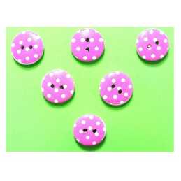 LOT 6 BOUTONS BOIS : rond rose/blanc motif  pois 15mm (04) 