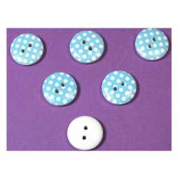 LOT 6 BOUTONS BOIS : rond bleu/blanc motif  pois 15mm (25) 
