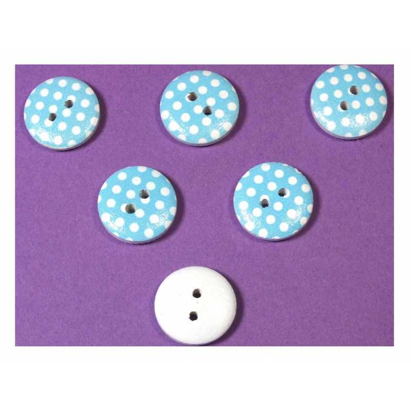 LOT 6 BOUTONS BOIS : rond bleu/blanc motif  pois 15mm (25) 