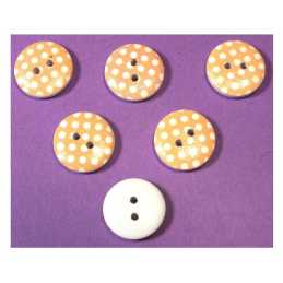 LOT 6 BOUTONS BOIS : rond orange/blanc motif  pois 15mm (27) 