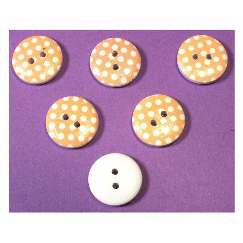 LOT 6 BOUTONS BOIS : rond orange/blanc motif  pois 15mm (27) 