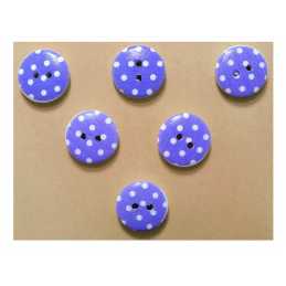 LOT 6 BOUTONS BOIS : rond bleu/blanc motif  pois 15mm (32) 