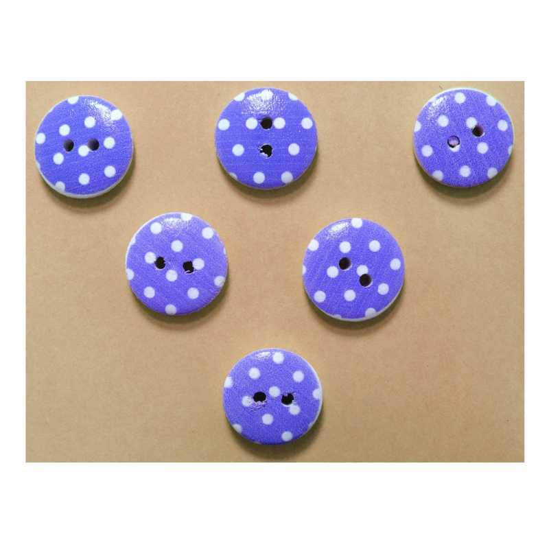 LOT 6 BOUTONS BOIS : rond bleu/blanc motif  pois 15mm (32) 