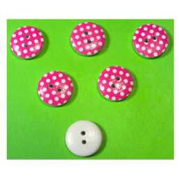 LOT 6 BOUTONS BOIS : rond rose/blanc motif  pois 15mm (28) 