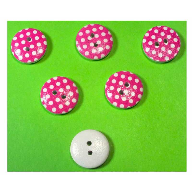 LOT 6 BOUTONS BOIS : rond rose/blanc motif  pois 15mm (28) 