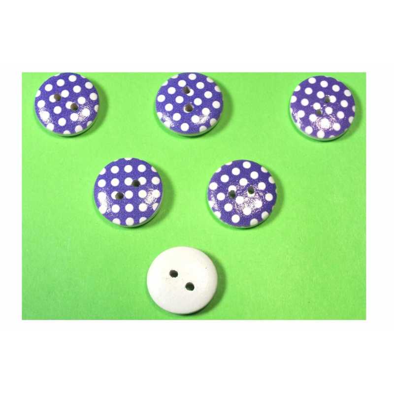 LOT 6 BOUTONS BOIS : rond violet/blanc motif  pois 15mm (31) 