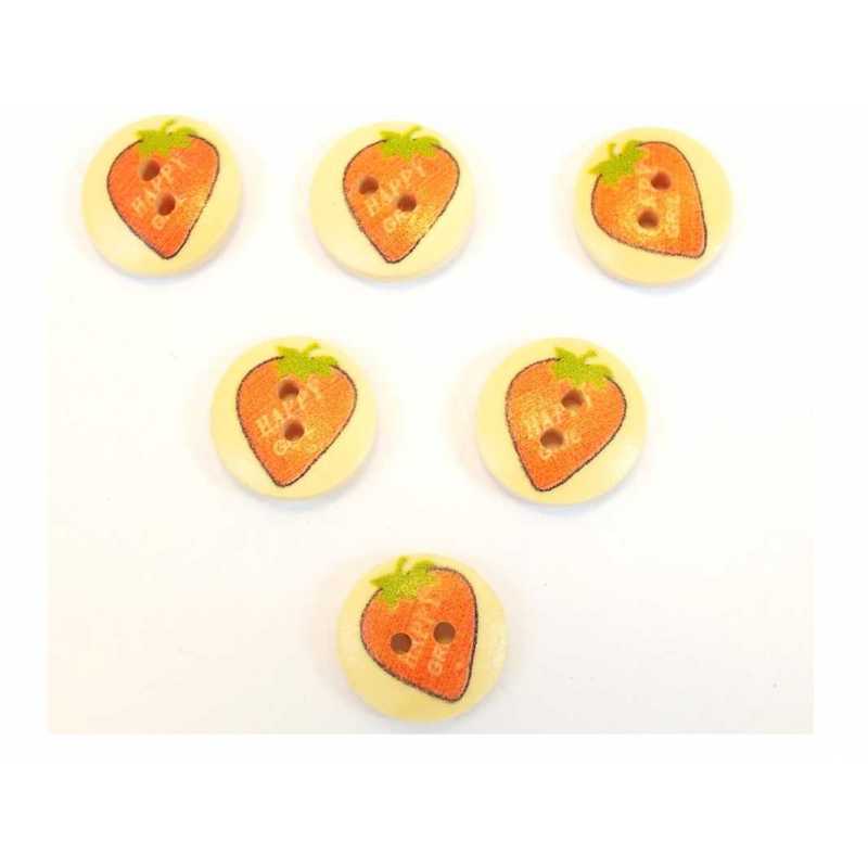 LOT 6 BOUTONS BOIS : rond motif fraise 15mm (01) 