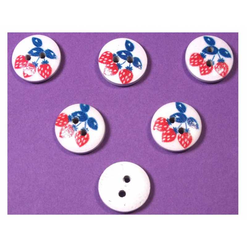 LOT 6 BOUTONS BOIS : rond motif fraise 15mm (02) 