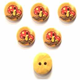LOT 6 BOUTONS BOIS : rond motif champignon 15mm (01) 