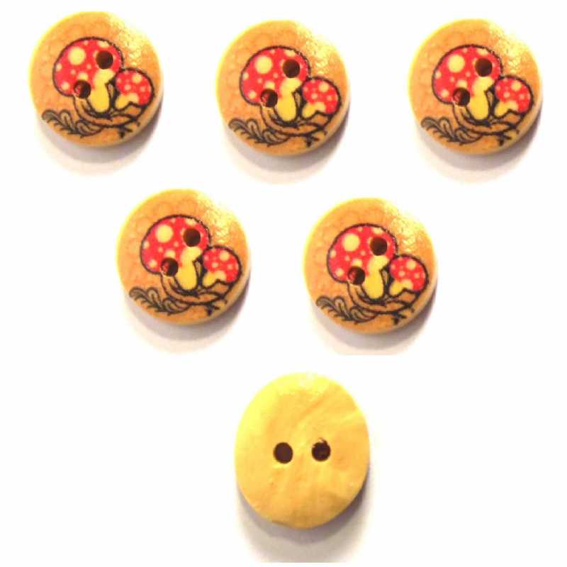 LOT 6 BOUTONS BOIS : rond motif champignon 15mm (01) 