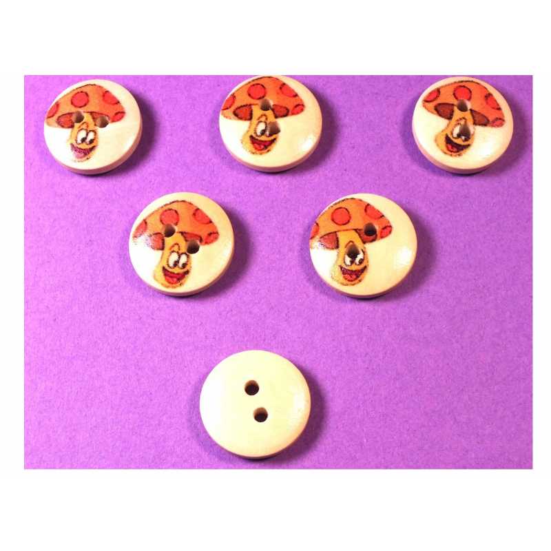 LOT 6 BOUTONS BOIS : rond motif champignon 15mm (02) 