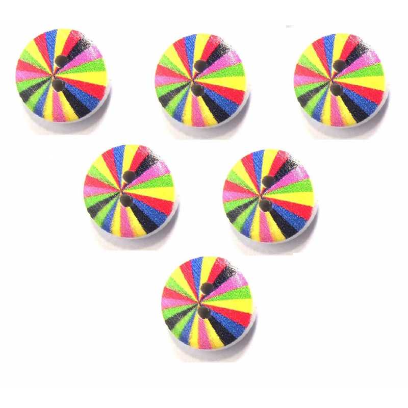 LOT 6 BOUTONS BOIS : rond motif arc en ciel 15mm (03) 