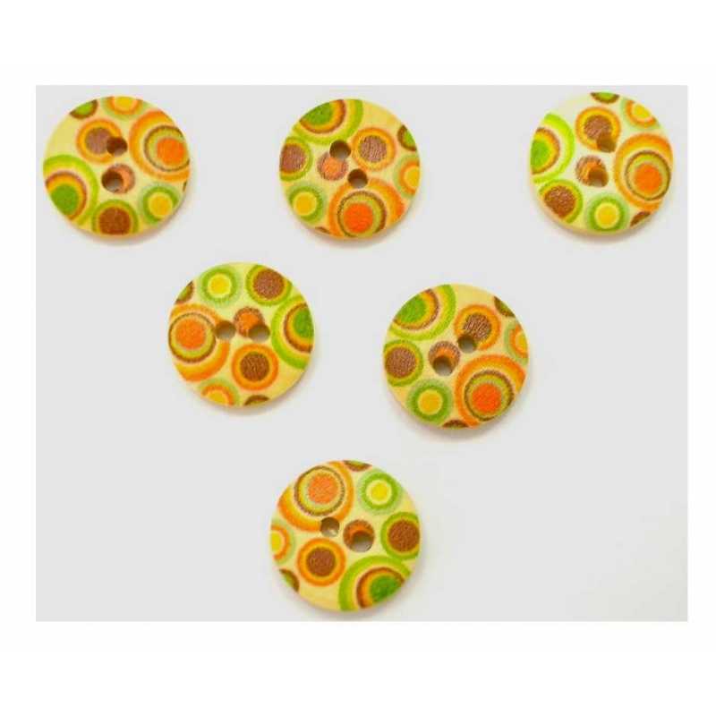 LOT 6 BOUTONS BOIS : rond motif cercles 15mm (01) 