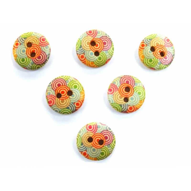 LOT 6 BOUTONS BOIS : rond motif cercles 15mm (02) 