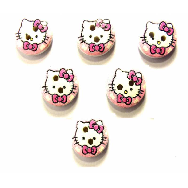 LOT 6 BOUTONS BOIS : rond motif chat 15mm (06) 