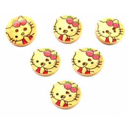 LOT 6 BOUTONS BOIS : rond motif chat 15mm (17) 