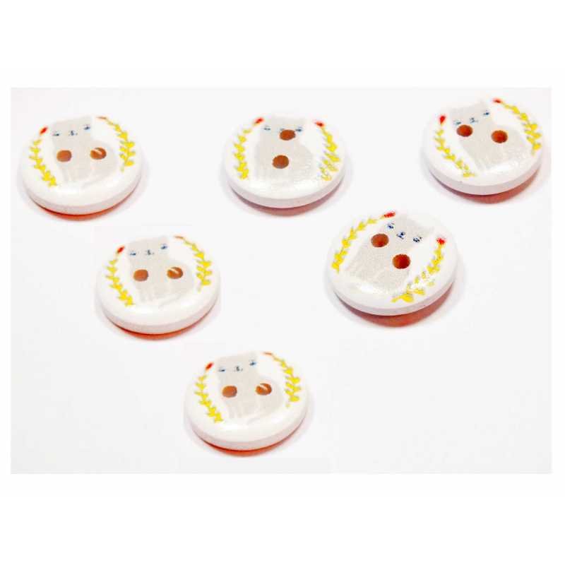 LOT 6 BOUTONS BOIS : rond motif chat 15mm (12) 